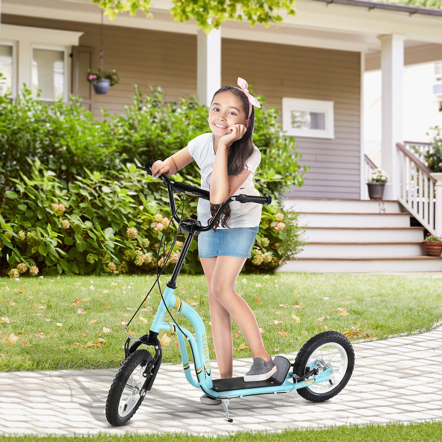 Youth Scooter Front and Rear Caliper Dual Brakes 12-Inch Inflatable Front Wheel Ride On Toy For Age 5+, Blue