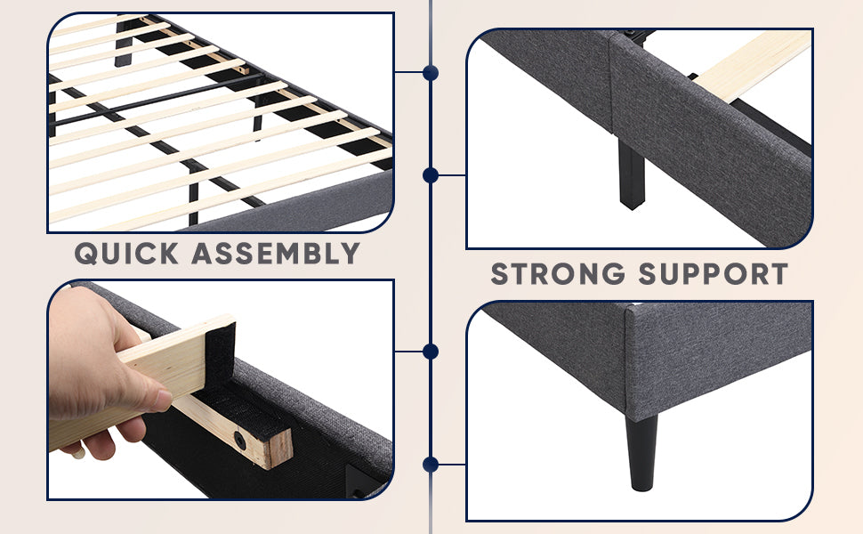 Queen Size Platform Bed Frame with Fabric Upholstered Headboard and Wooden Slats, No Box Spring Needed/Easy Assembly, Gray