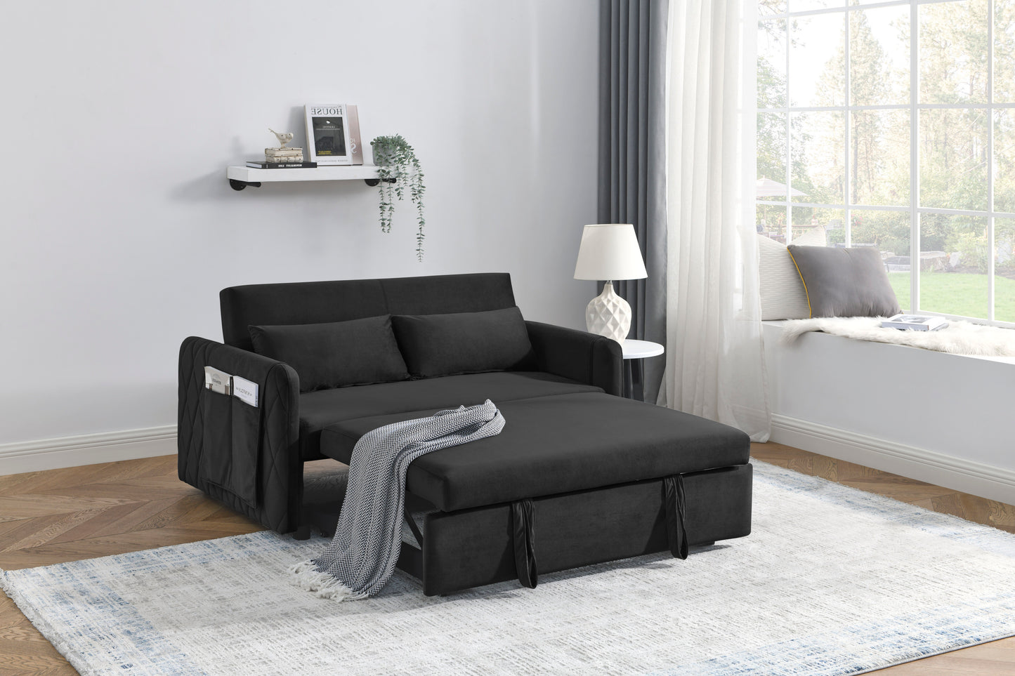 55 Modern Velvet Convertible Sofa Bed with Adjustable Backrest and Detachable Arm Pockets