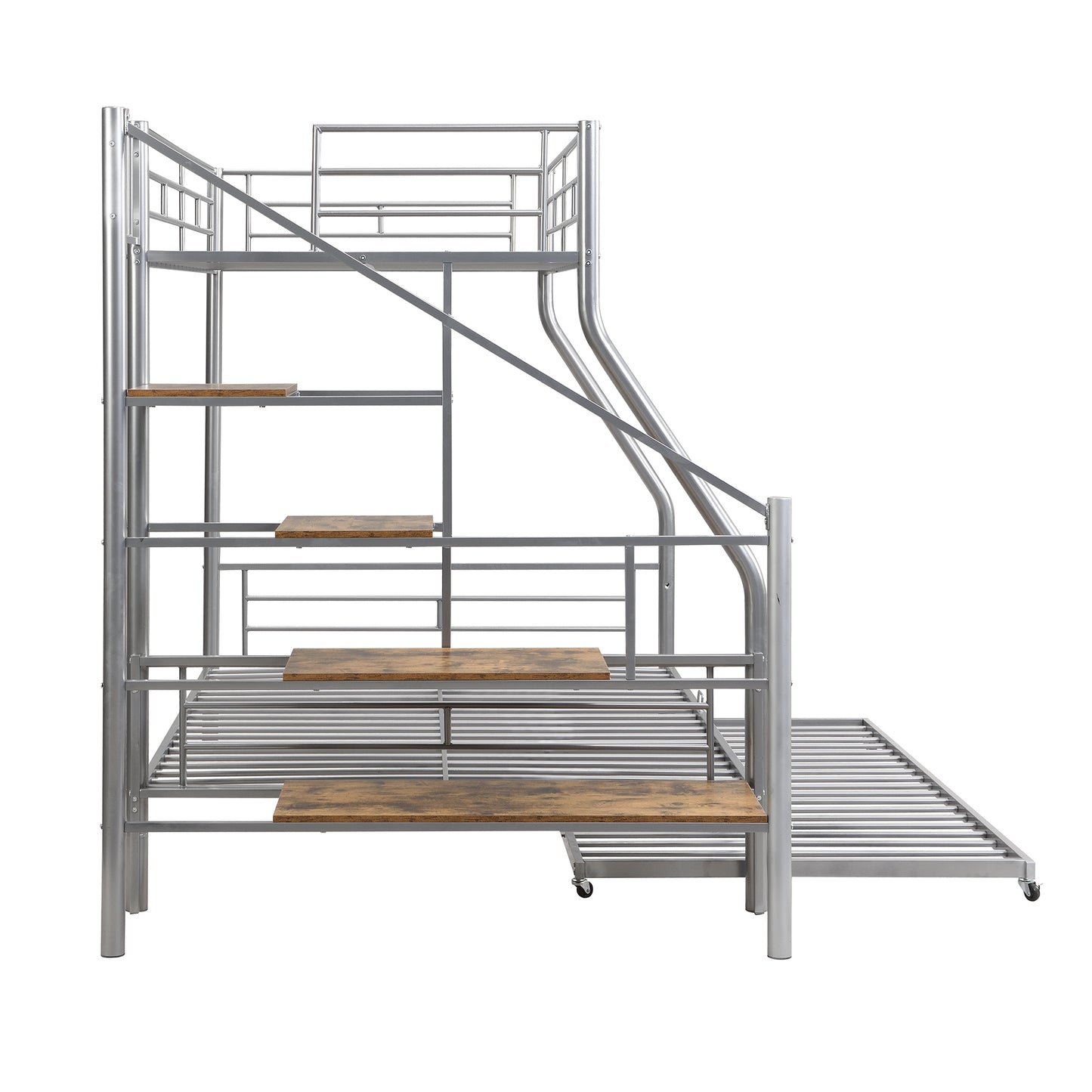 Silver Metal Bunk Bed with Trundle and Storage Staircase