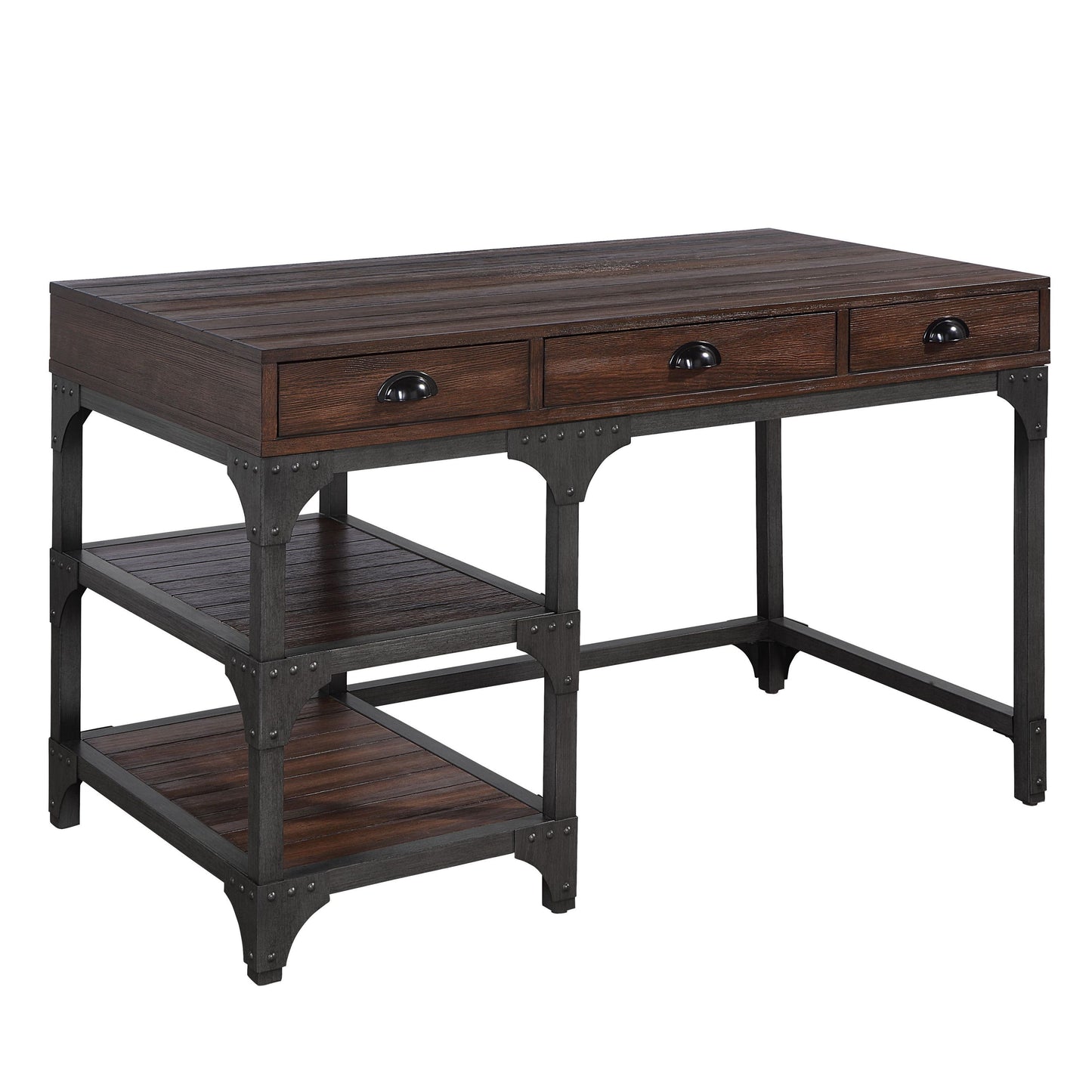 Sophisticated Espresso Oak Writing Desk with Vintage Black Metal Frame