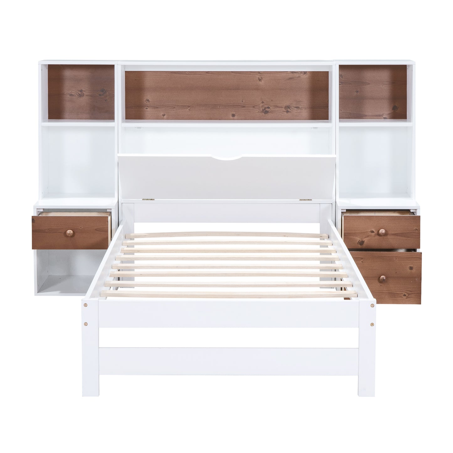 Twin Size Platform Bed with Storage Headboard and Drawers, White