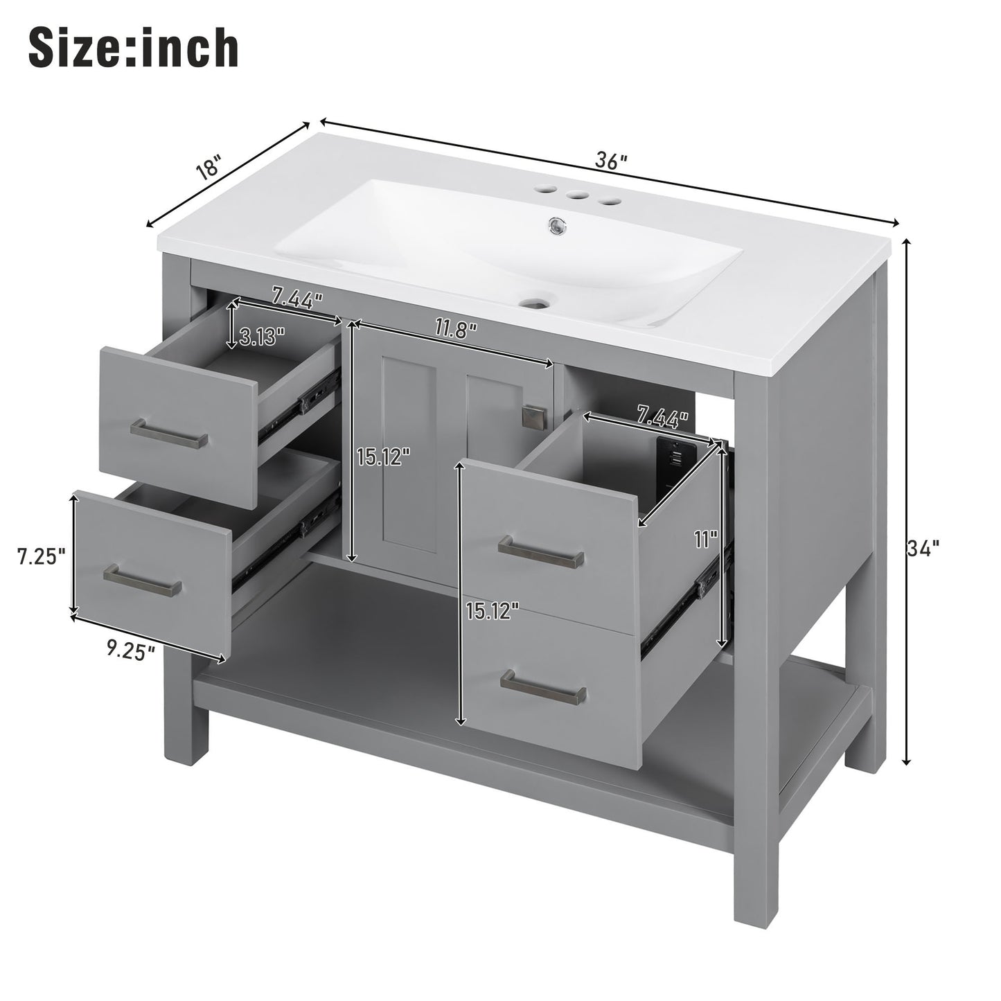 36" Gray Modern Bathroom Vanity with USB,Two Shallow Drawers, One Deep Drawer,One door,Single Resin Sink,Small Bathroom Organization Cabinet