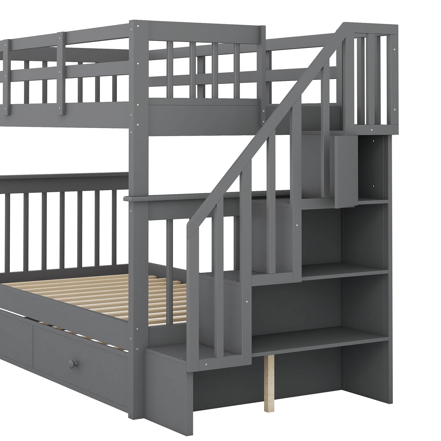 Stairway Twin Bunk Bed with Trundle and Storage in Gray Wood for Bedroom, Dorm or Adults