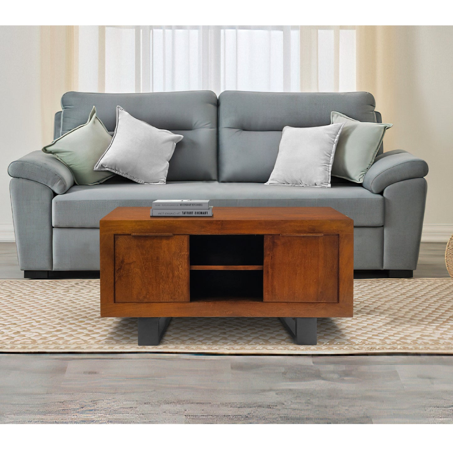 36 Inch Stylish Industrial Wooden Coffee Table with Open Storage Compartments and Sleek Base, Brown