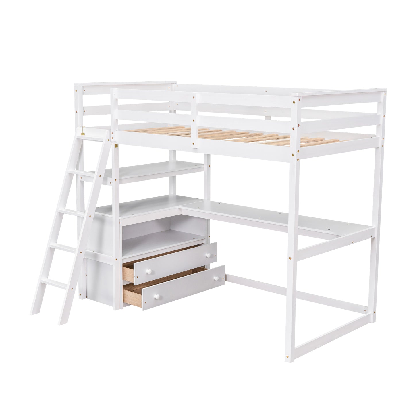 Twin Size Loft Bed with Desk and Shelves, Two Built-in Drawers, White (: GX000803AAK-1)