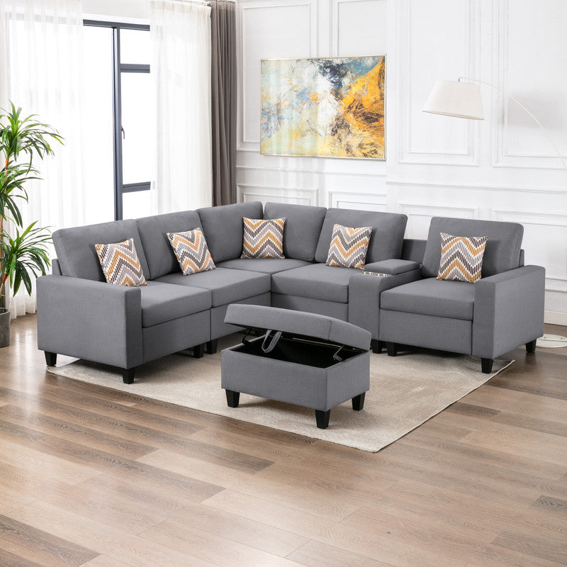 Modular Gray Linen Sectional Sofa Set with Storage Ottoman and Charging Ports