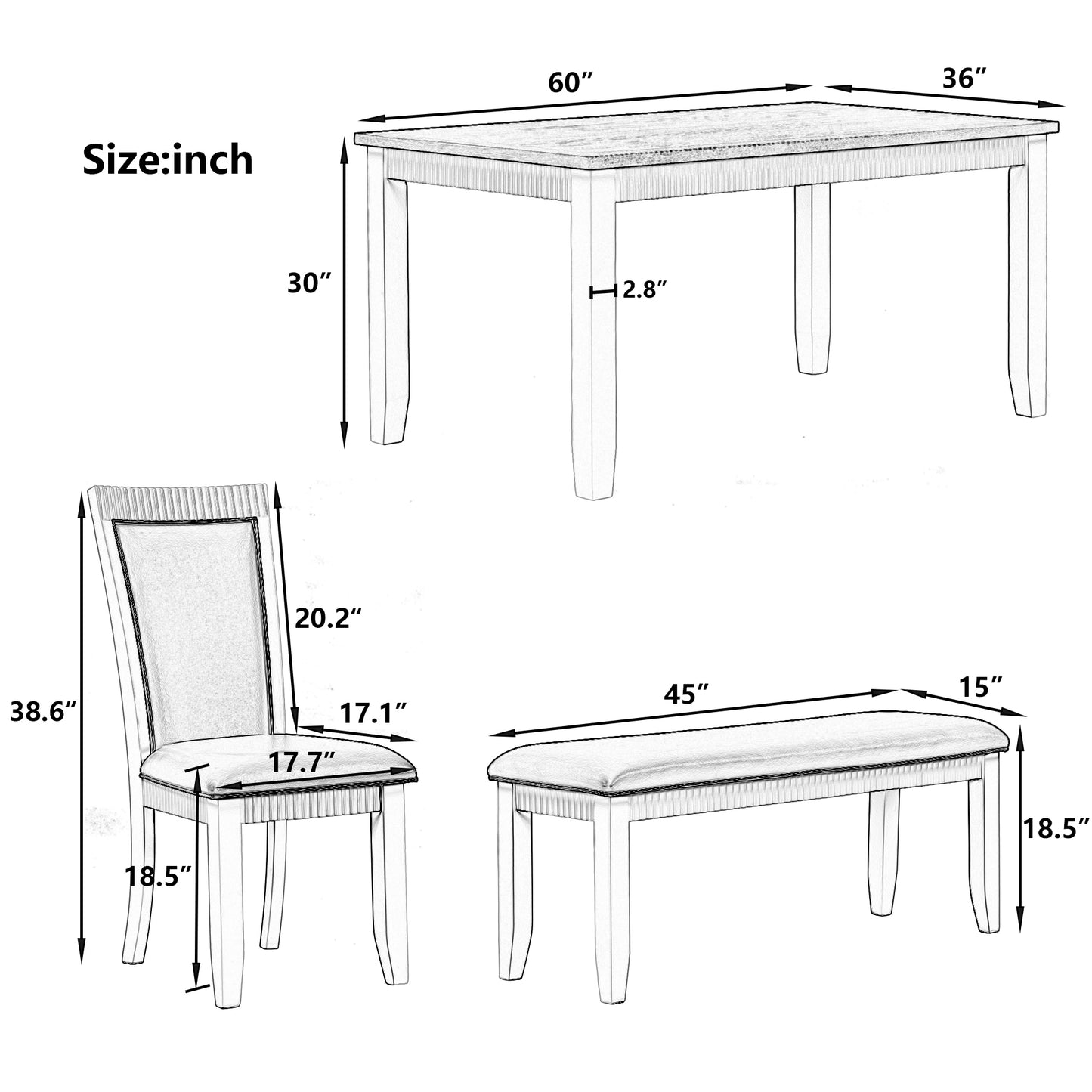 Rustic Solid Wood 6-piece Dining Table Set, PU Leather Upholstered Chairs and Bench, Natural Wood Wash