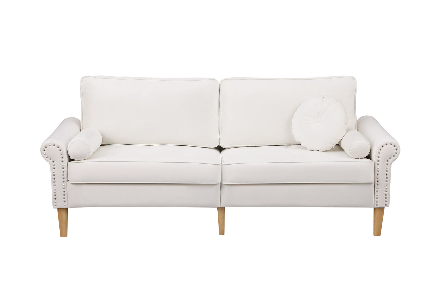 Living Room Sofa,3-Seater Sofa , with  Copper Nail on Arms ,Three Pillow,White