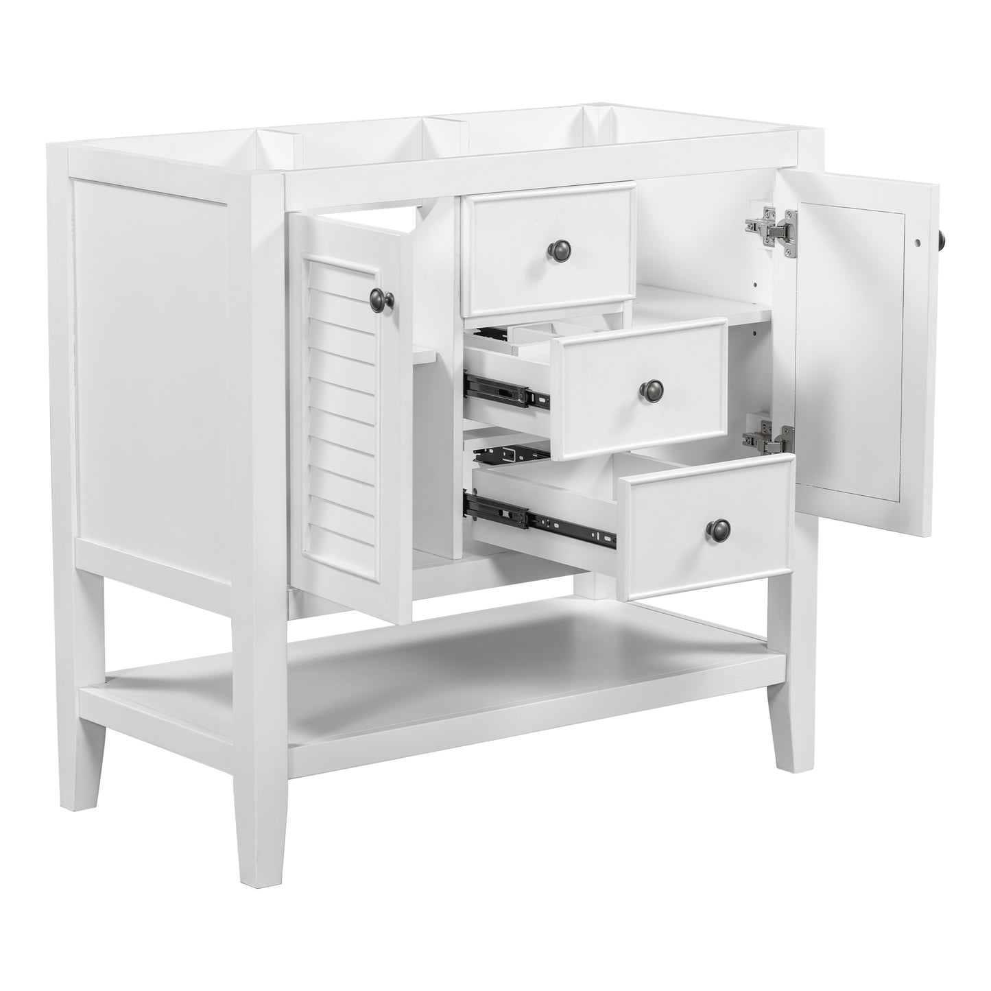 36" Bathroom Vanity without Sink, Cabinet Base Only, Two Cabinets and Drawers, Open Shelf, Solid Wood Frame, White