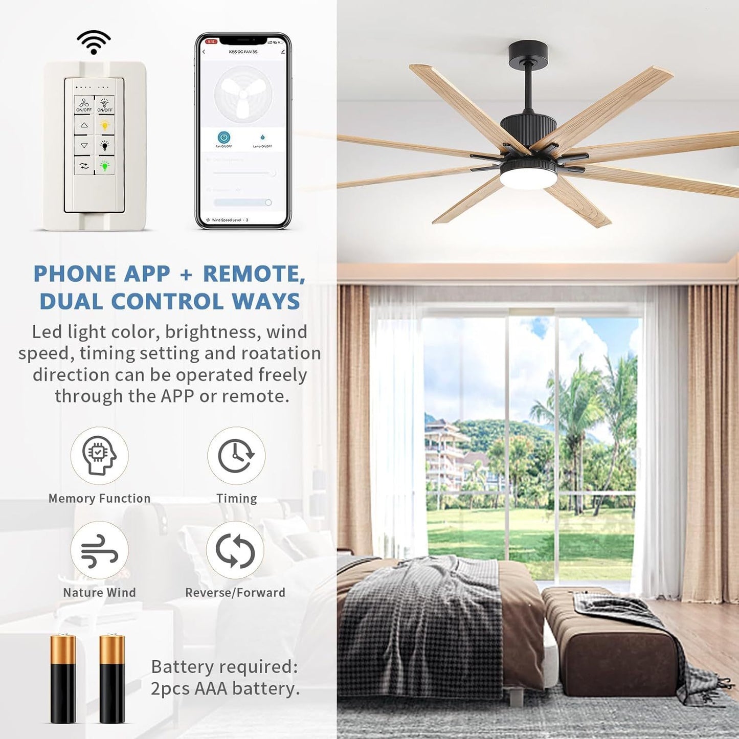 76-Inch Modern Ceiling Fan with Smart Control and Reversible Solid Wood Blades