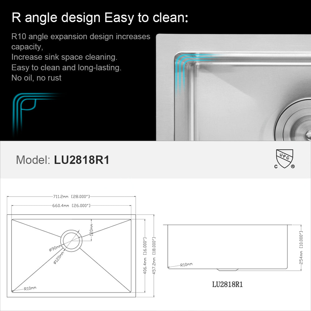 Undermount Kitchen Sink with 28 Inch Single Bowl Stainless Steel Basin