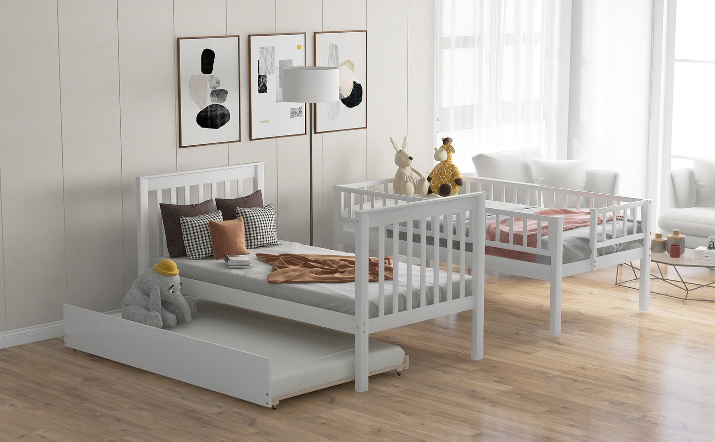 White Twin Bunk Bed with Trundle, Storage, and Convertible Design