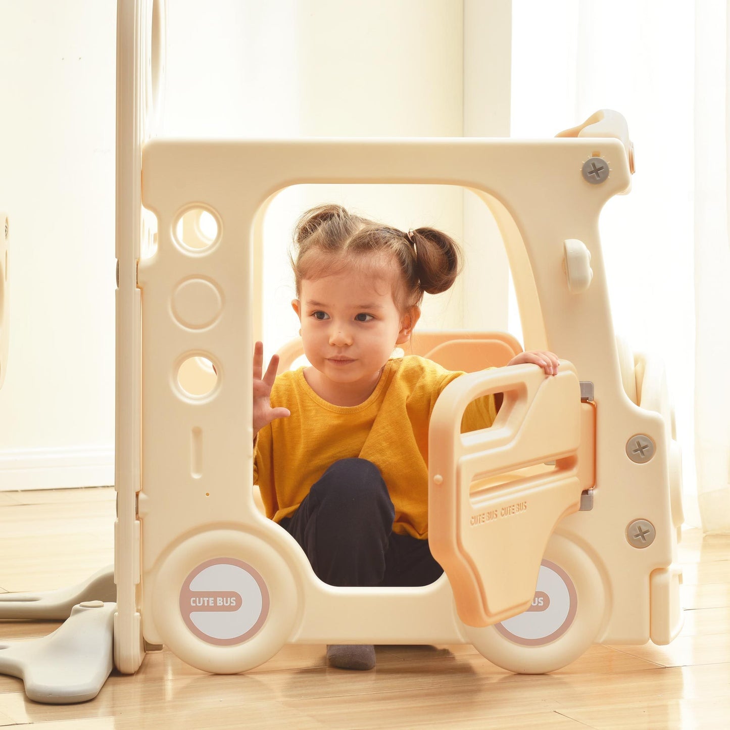 Bus-Themed Kids' Slide Set with Basketball Hoop and Freestanding Play Structure