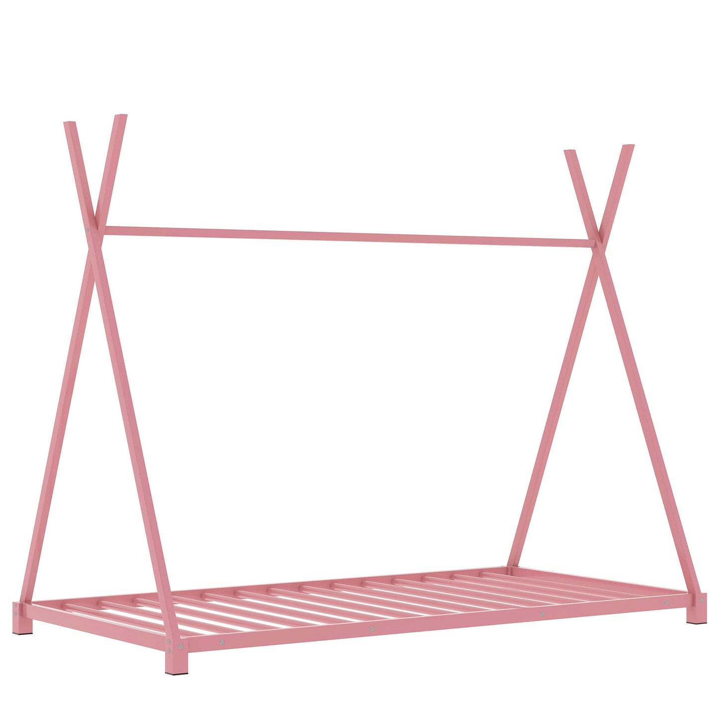 Metal Twin Size House Platform Bed with Triangle Structure, Pink