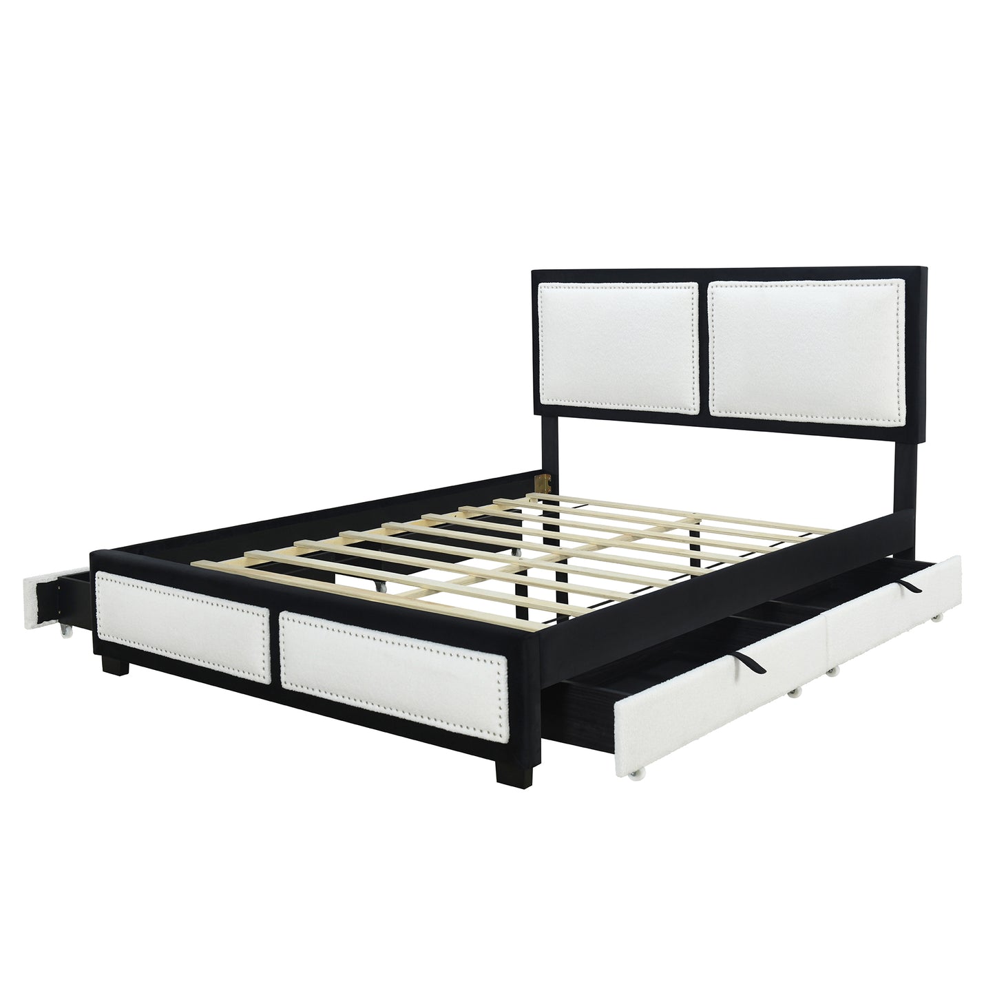 Queen Size Upholstered Platform Bed with Large Rivet-decorated Backrests and 4 Drawers, Velvet matched with Teddy Fleece, Black+White