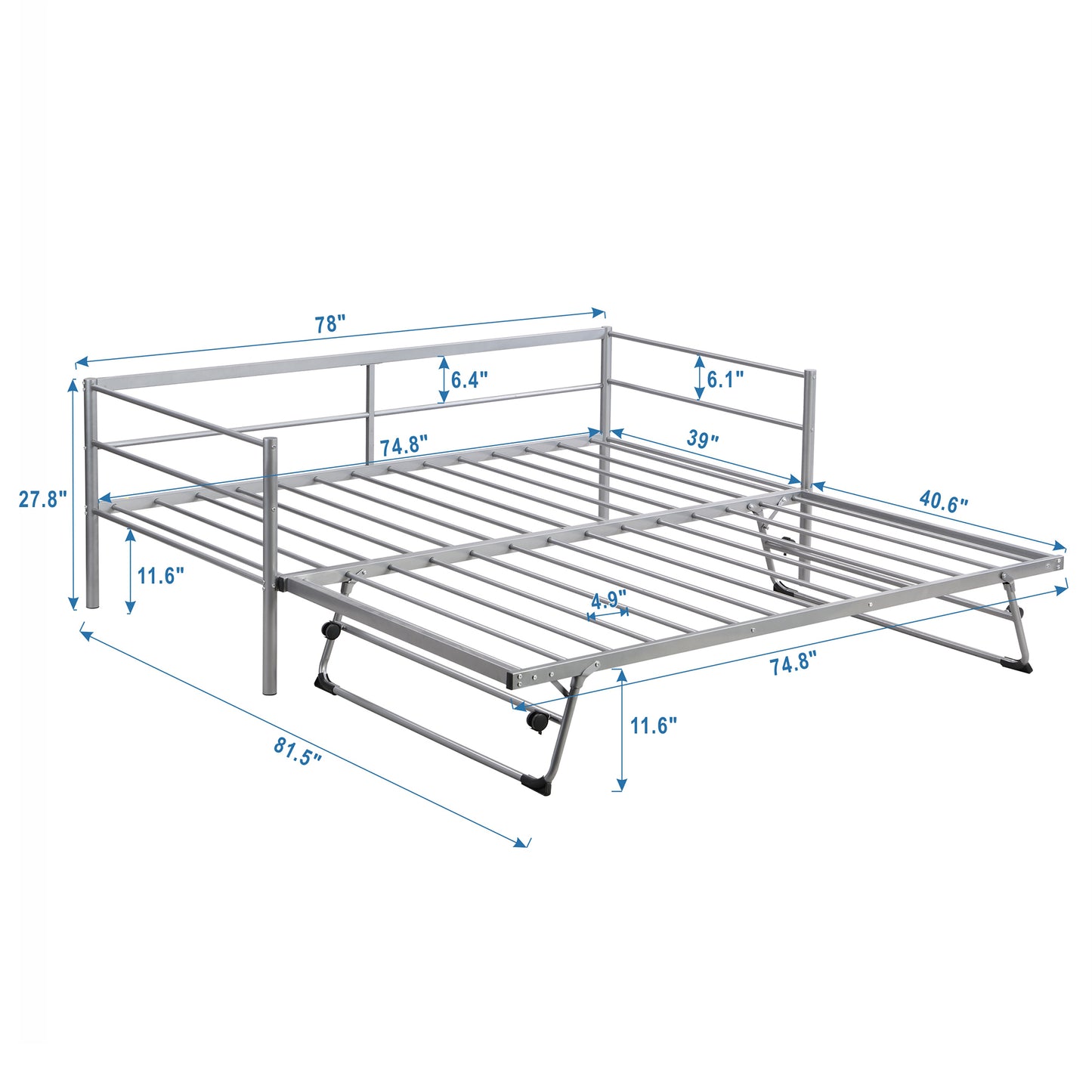 Twin Size Metal Daybed with Adjustable Trundle, Pop Up Trundle, Silver