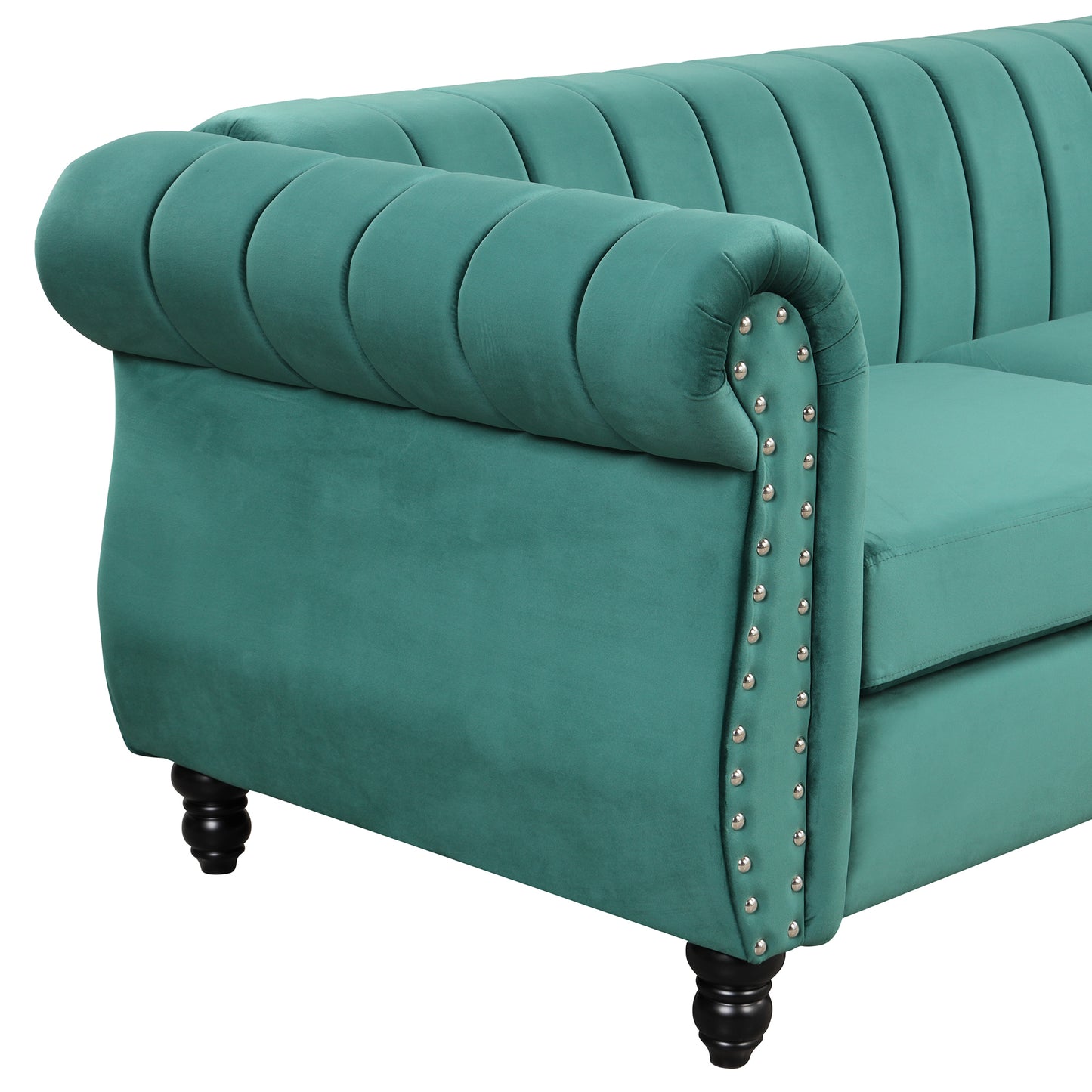 Modern Green Upholstered Sofa with Tufted Backrest and Solid Wood Legs