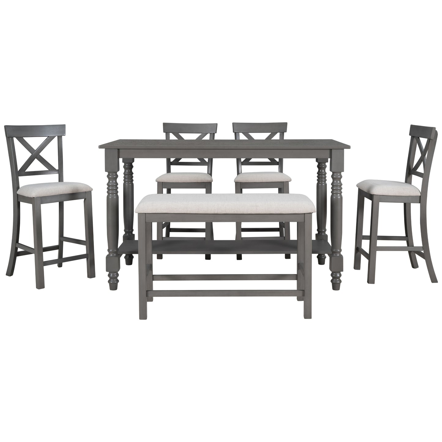 TREXM 6-Piece Counter Height Dining Table Set Table with Shelf 4 Chairs and Bench for Dining Room (Gray)