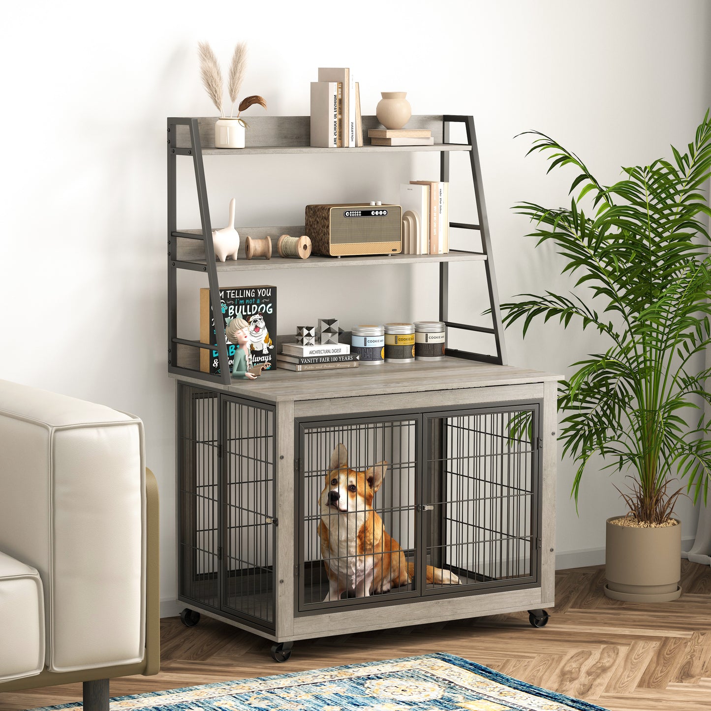 Furniture style dog crate side table with shelves, equipped with double doors and a raised roof. Grey, 38.58 ''w x 25.5 ''d x 57 ''h