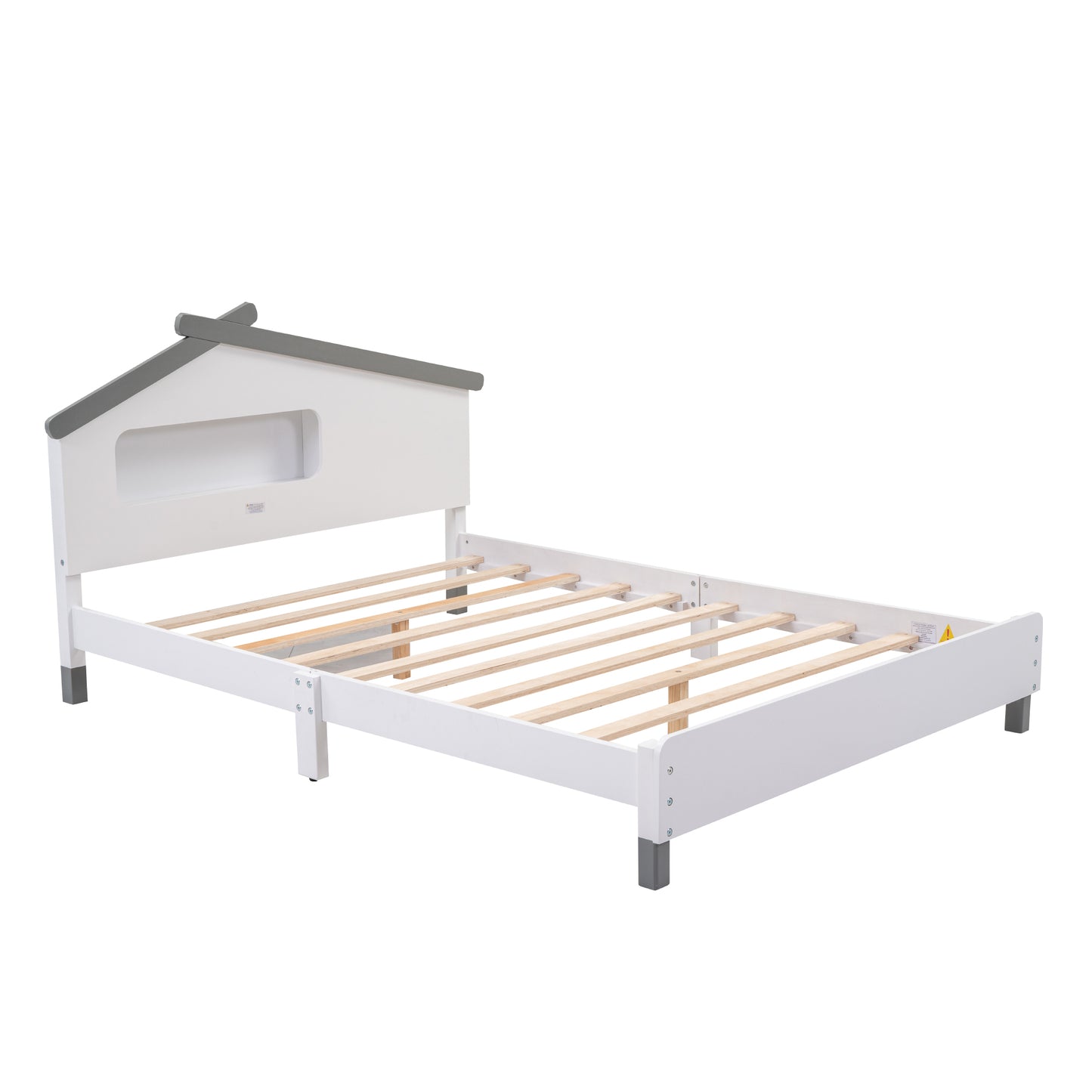 Full Size Wood Platform Bed with House-shaped Headboard and Motion Activated Night Lights (White+Gray)