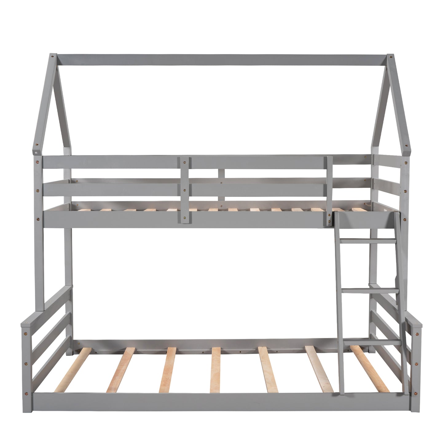 Gray Twin over Full House Bunk Bed with Loft Ladder