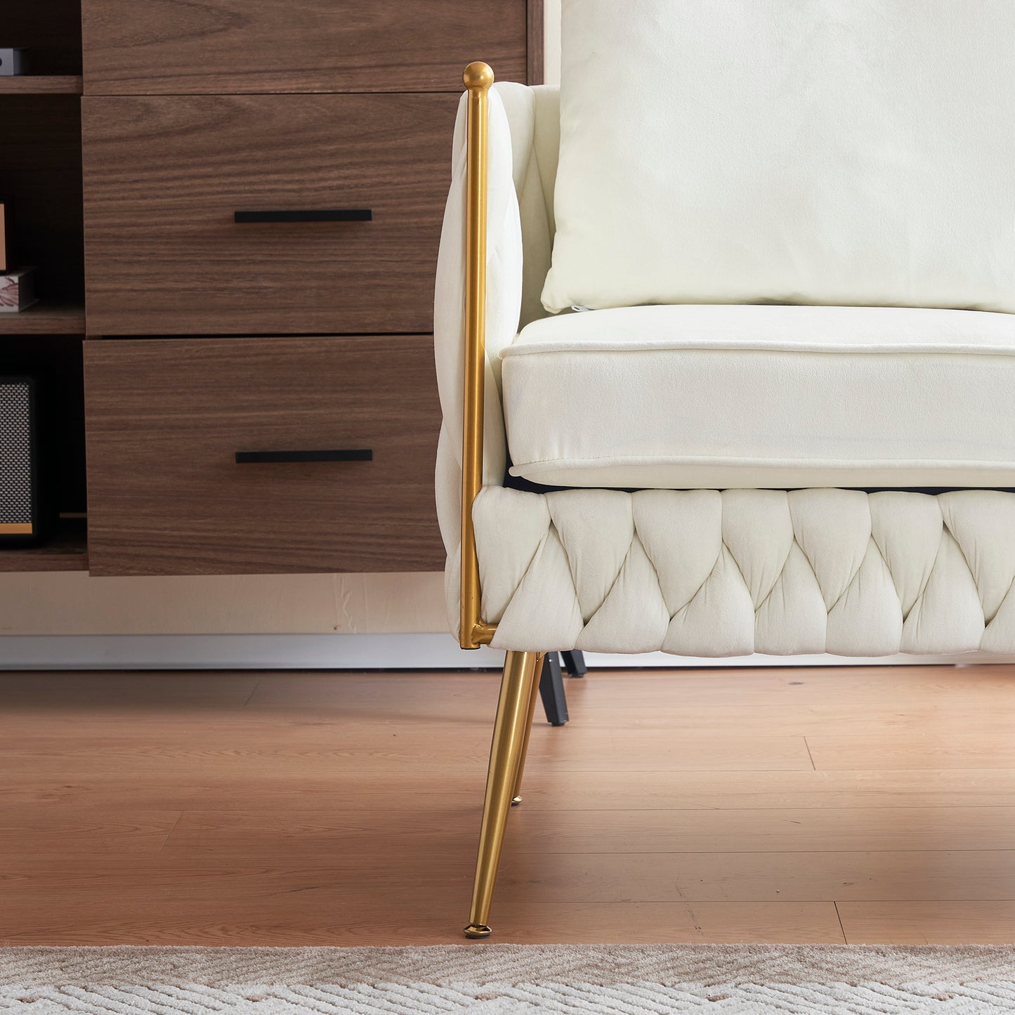 Luxurious 3-Piece Cream White Velvet Living Room Set with Hand-Woven Tufted Back and Golden Metal Legs