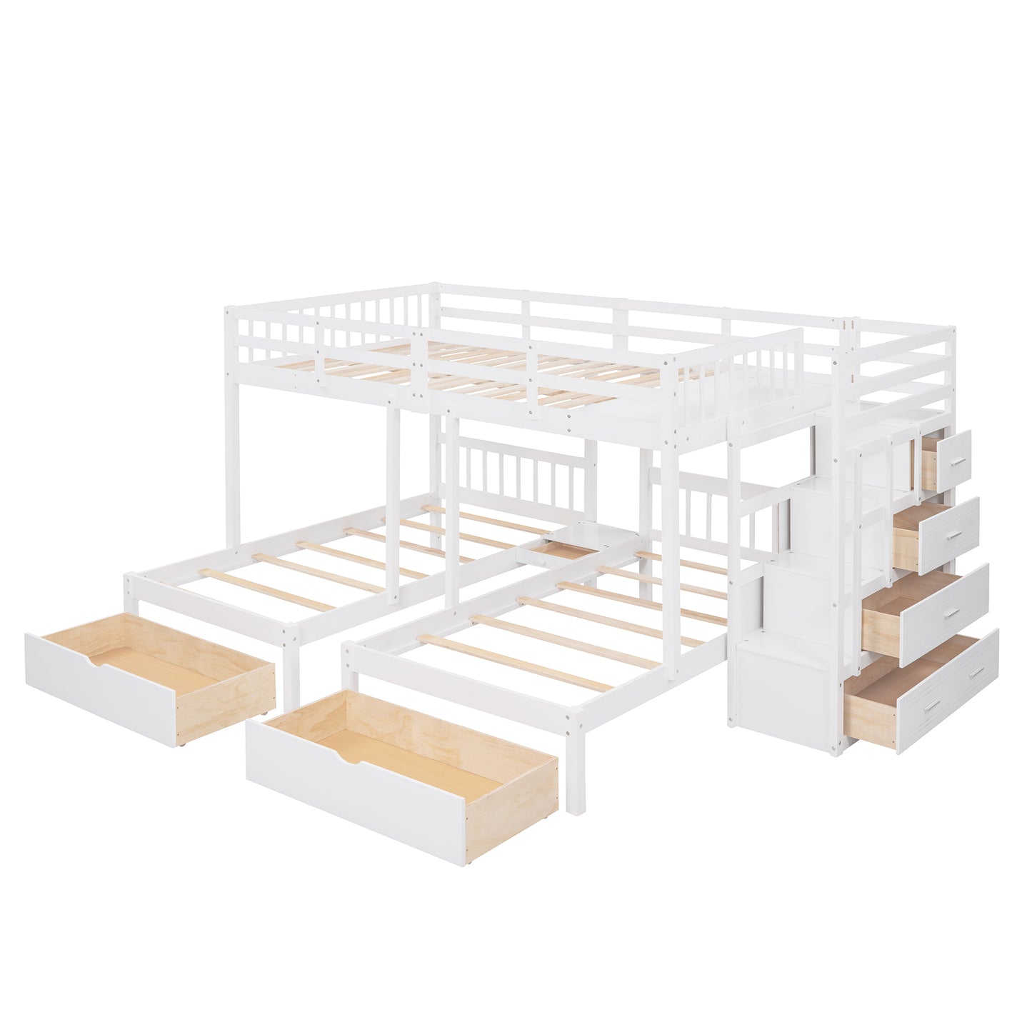 Three-Level Wooden Bunk Bed with Drawers, Full Over Twin & Twin Bunk Bed with Guardrails (White)