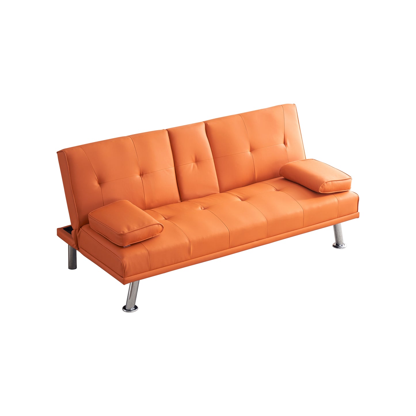 67 Orange Leather Multifunctional Double Folding Sofa Bed with Built-In Coffee Table