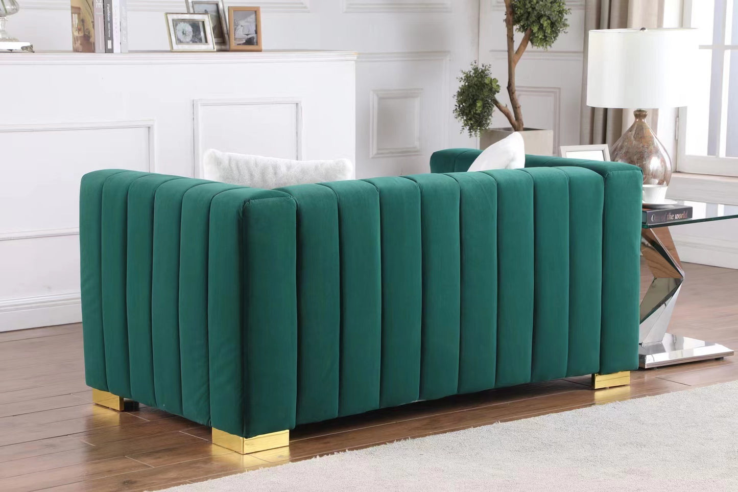 Chesterfield Inspired Dark Green Velvet Sofa Set with 3 Seater and Loveseat