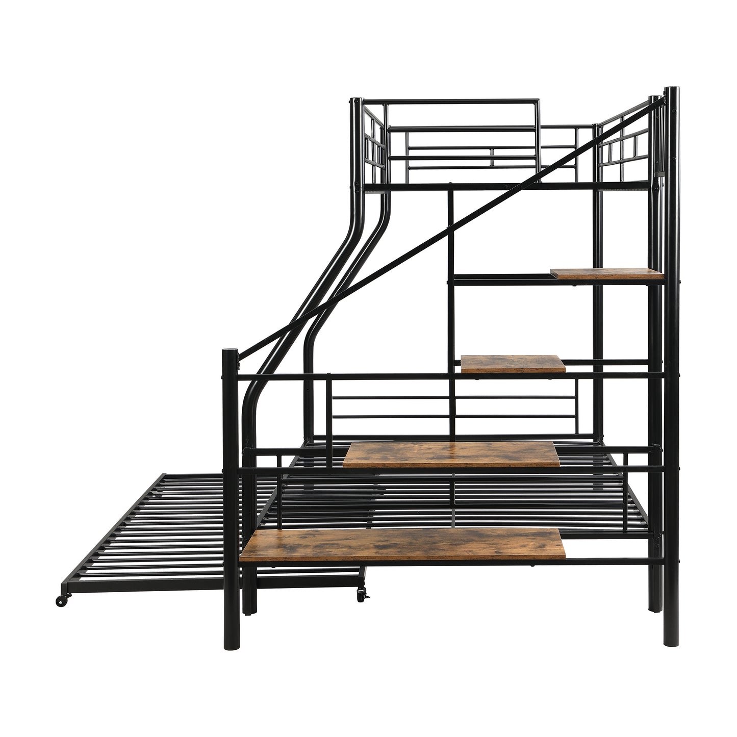 Black Metal Bunk Bed with Storage Staircase and Trundle - Twin over Full Size