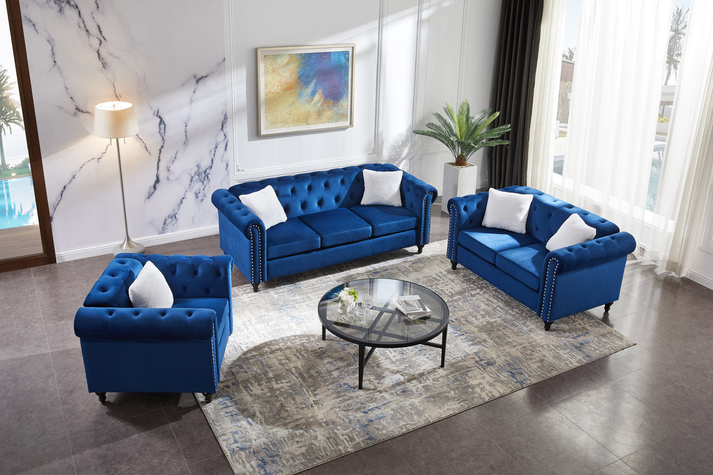 Blue Velvet 3 Piece Living Room Sofa Set with Button Tufting and Copper Nail Accents