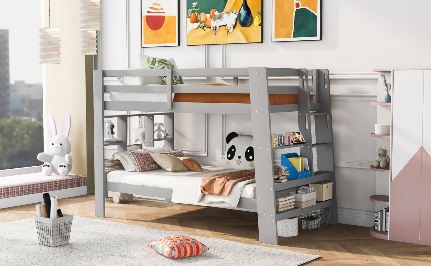 Gray Twin Bunk Bed with Sleek Design and Ample Storage