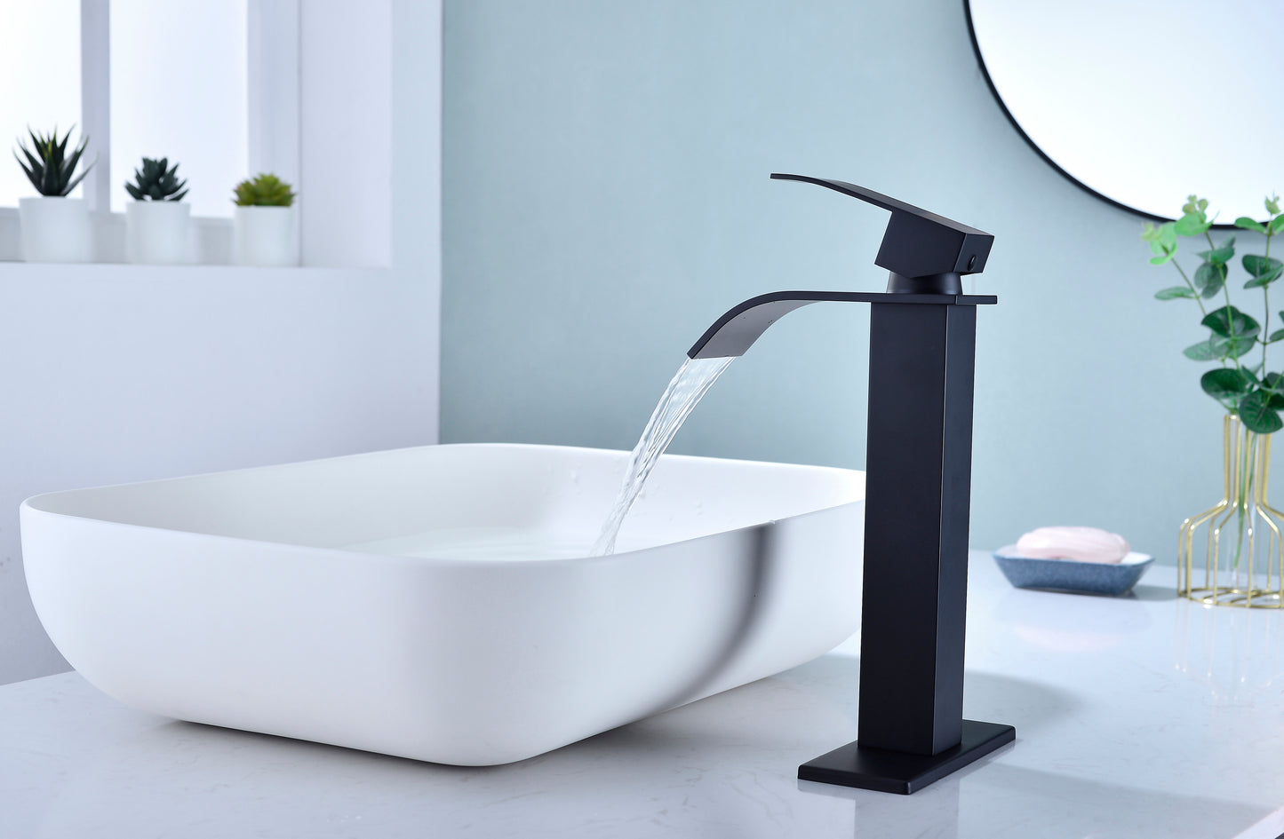 Waterfall Spout Stainless Steel Bathroom Faucet with Matte Black Finish