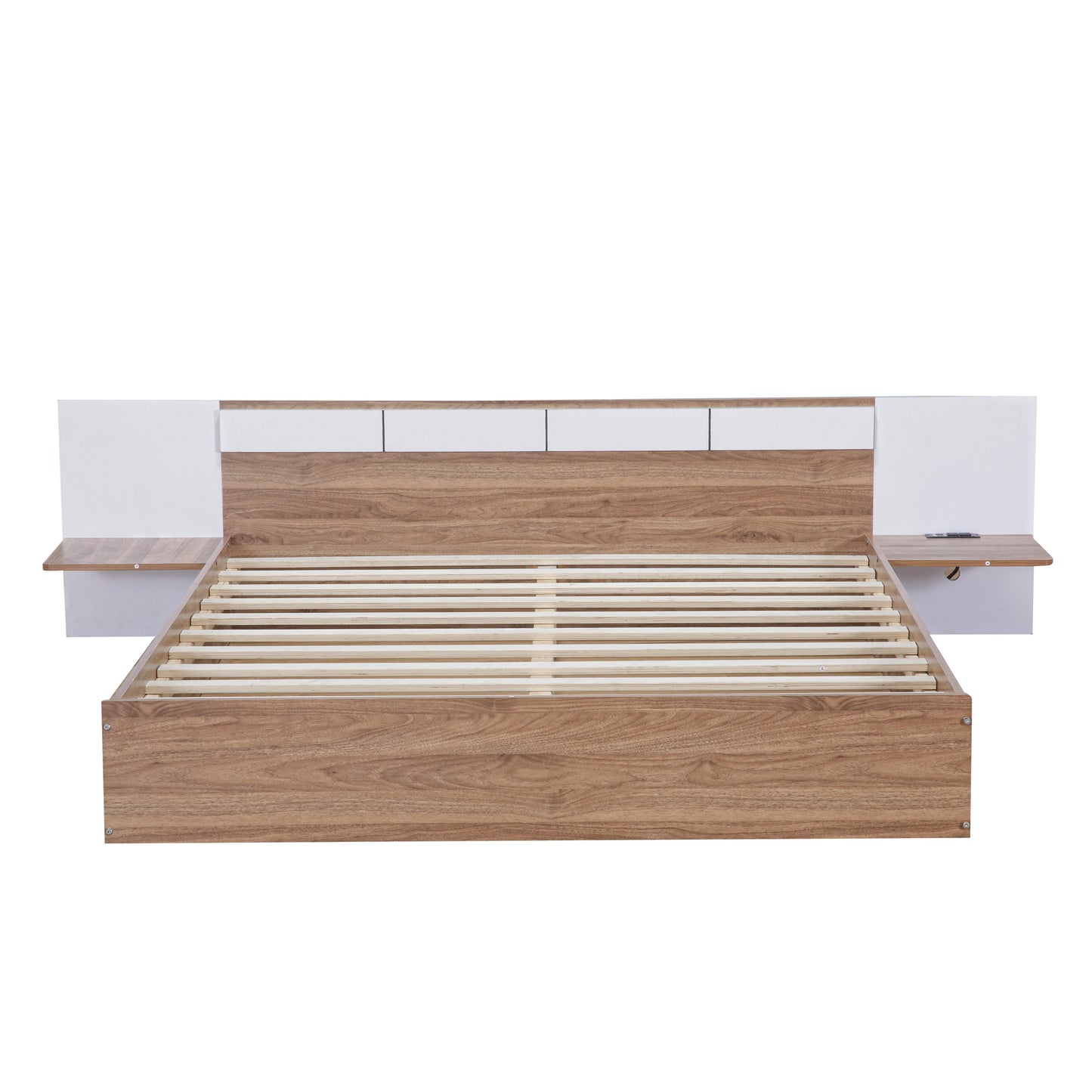 Queen Size Platform Bed with Headboard, Shelves, USB Ports and Sockets, Natural