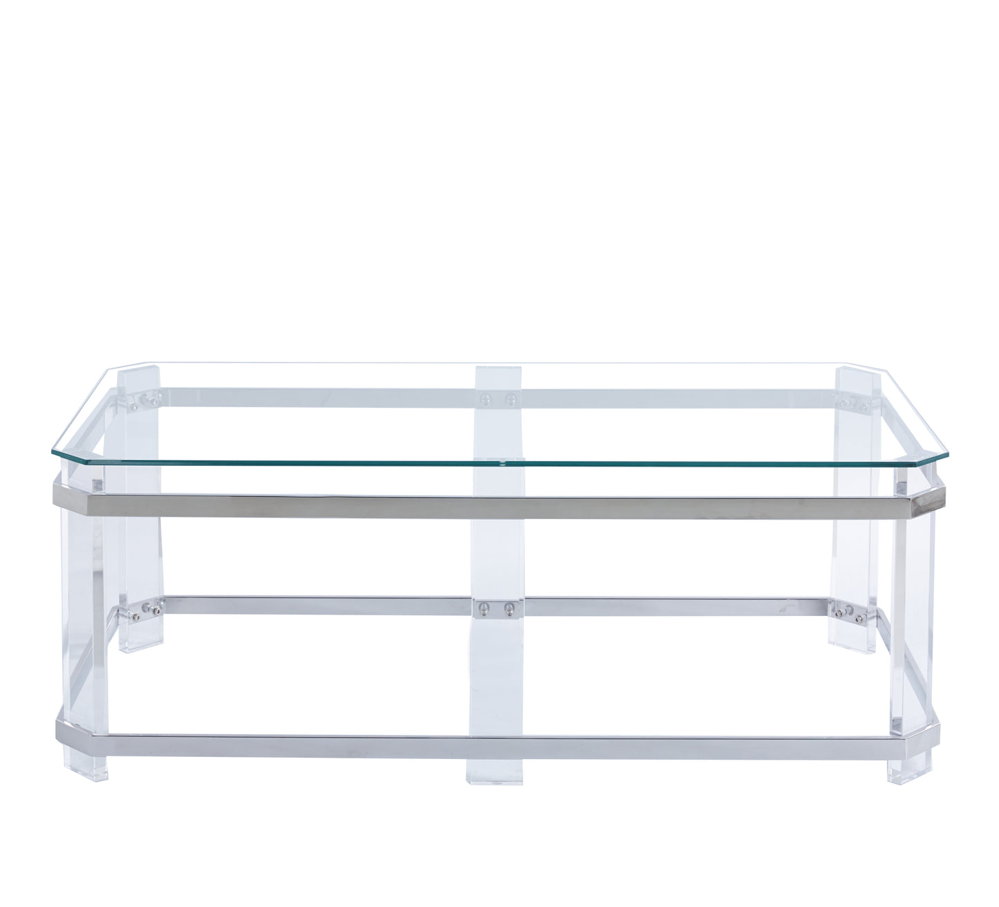 Stylish Silver Stainless Steel Coffee Table With Acrylic Legs and Clear Glass CS-1134
