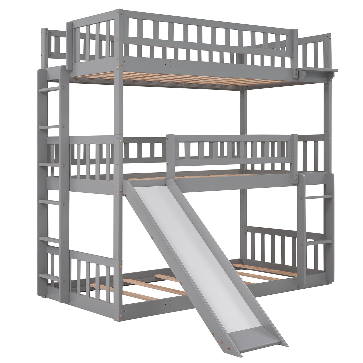 Triple Bed with Ladder, Slide, and Guardrails in Gray