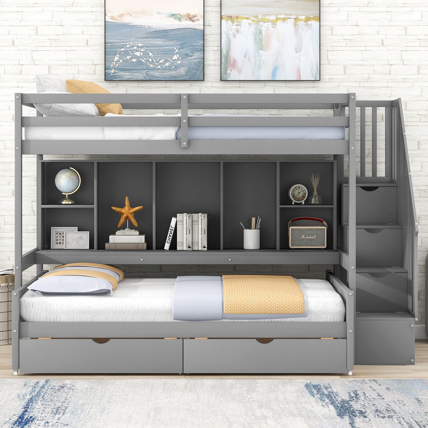 Gray Twin XL over Full Bunk Bed with Study Desk and Storage Solution