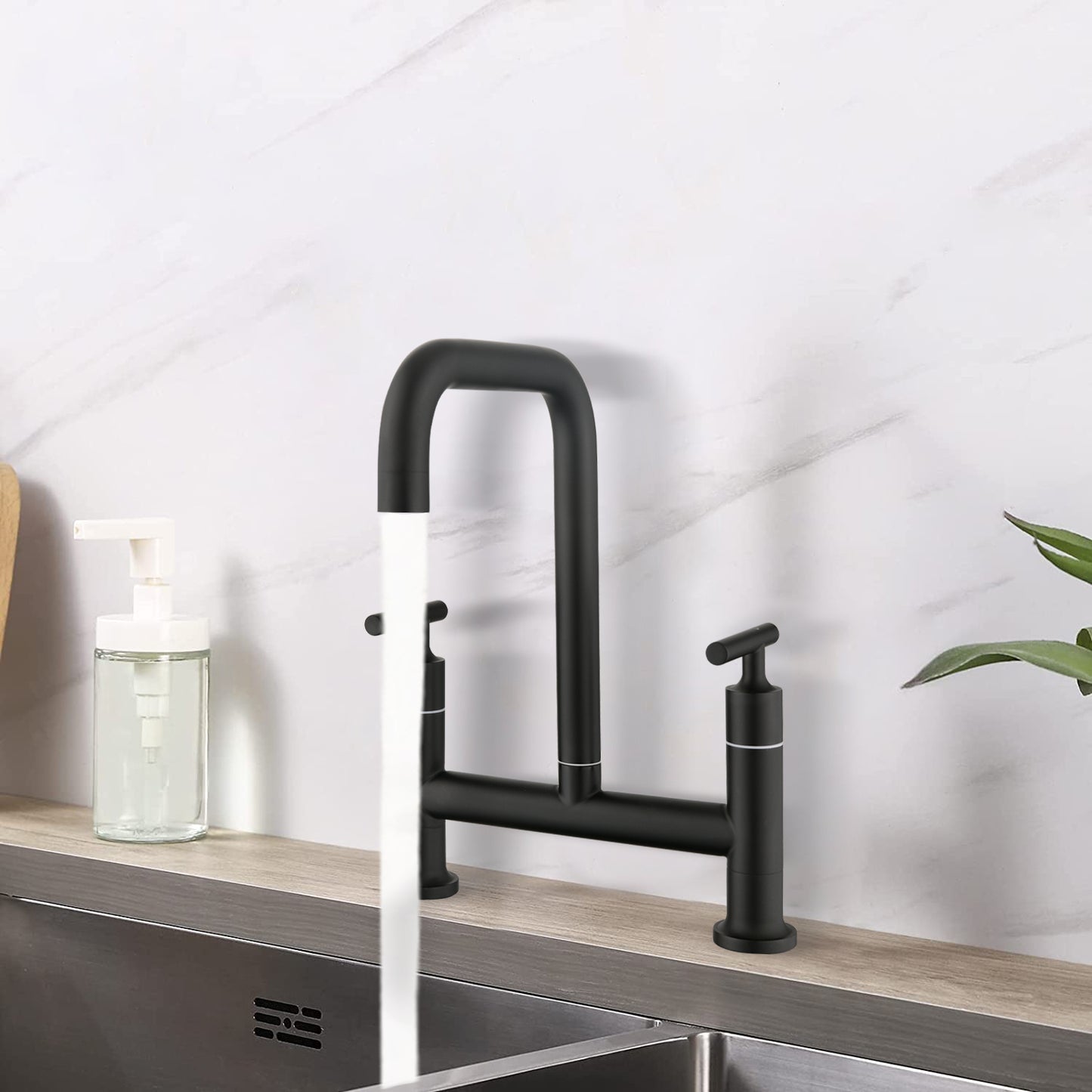 Double Handle Bridge Kitchen Faucet In Stainless Steel