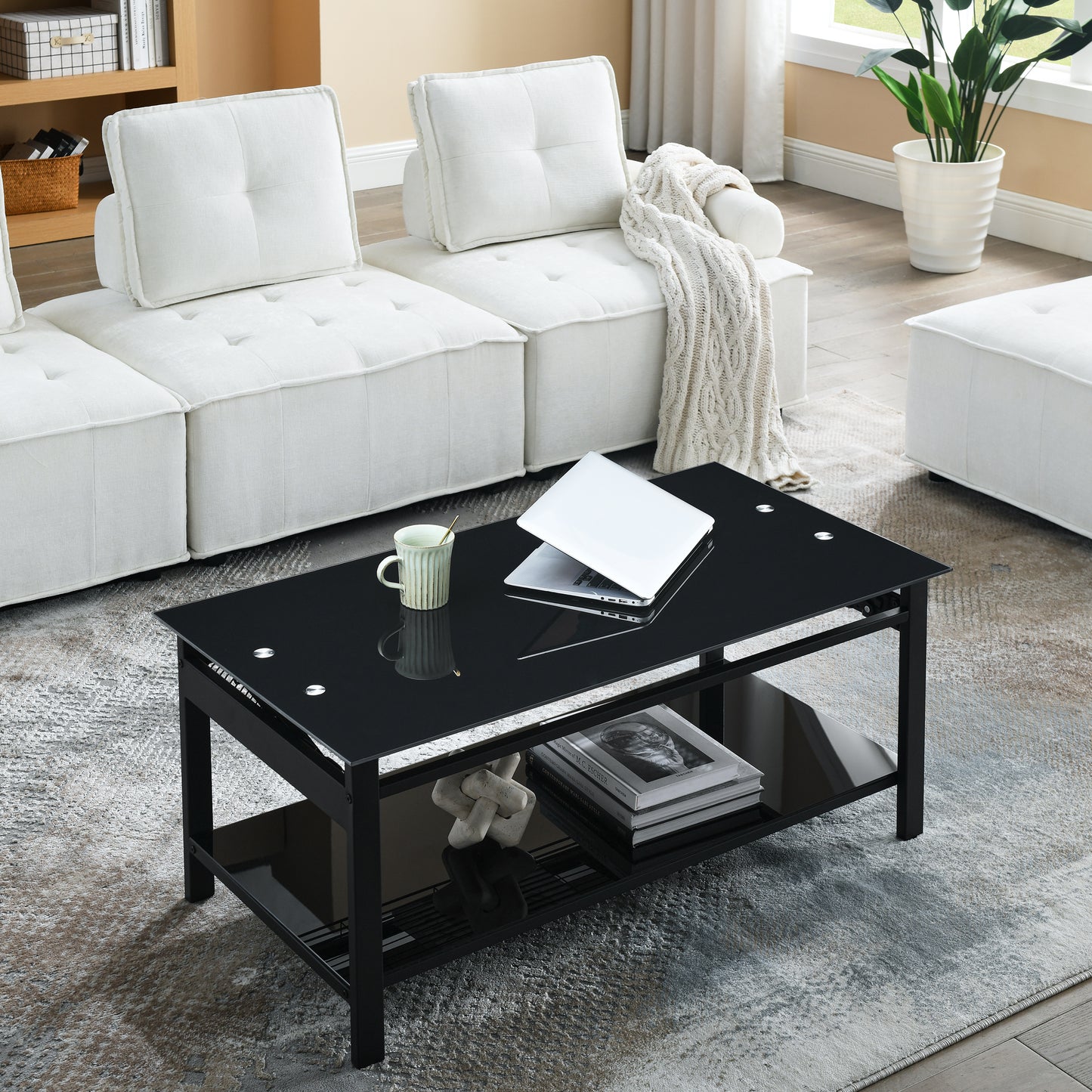 Black Lift Coffee Table with Hidden Storage Shelves and Tempered Glass Top Dining Table