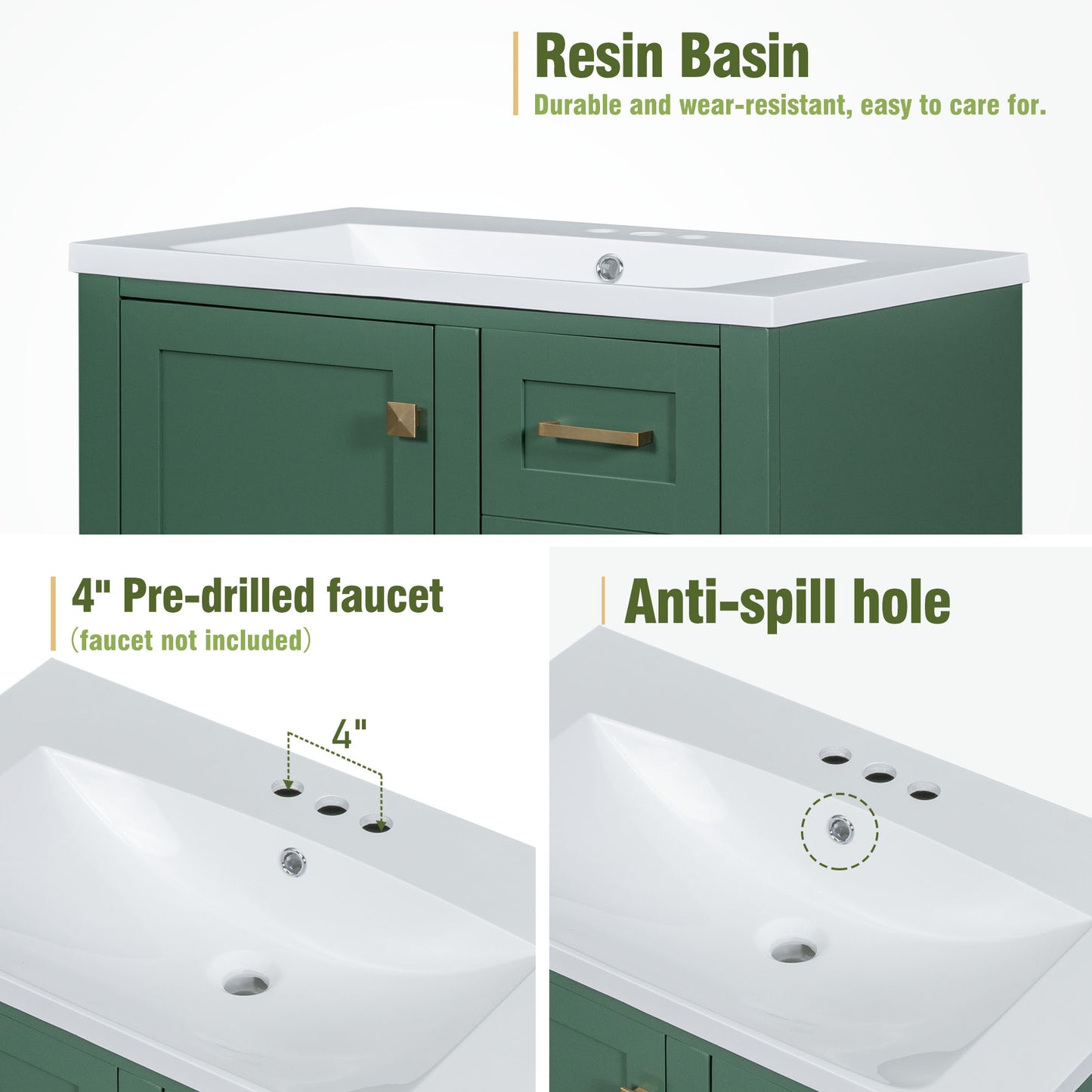 30" Bathroom Vanity in Green, Modern Bathroom Cabinet with Sink Combo Set, Bathroom Storage Cabinet with a Soft Closing Door and 3 Drawers, Solid Wood Frame