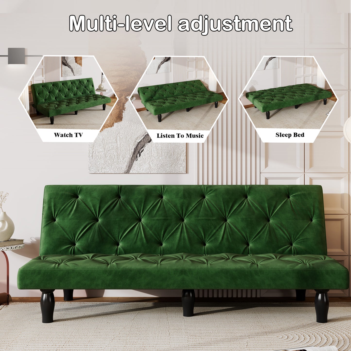 Elegant Green Velvet Sofa Bed with Adjustable Comfort Settings