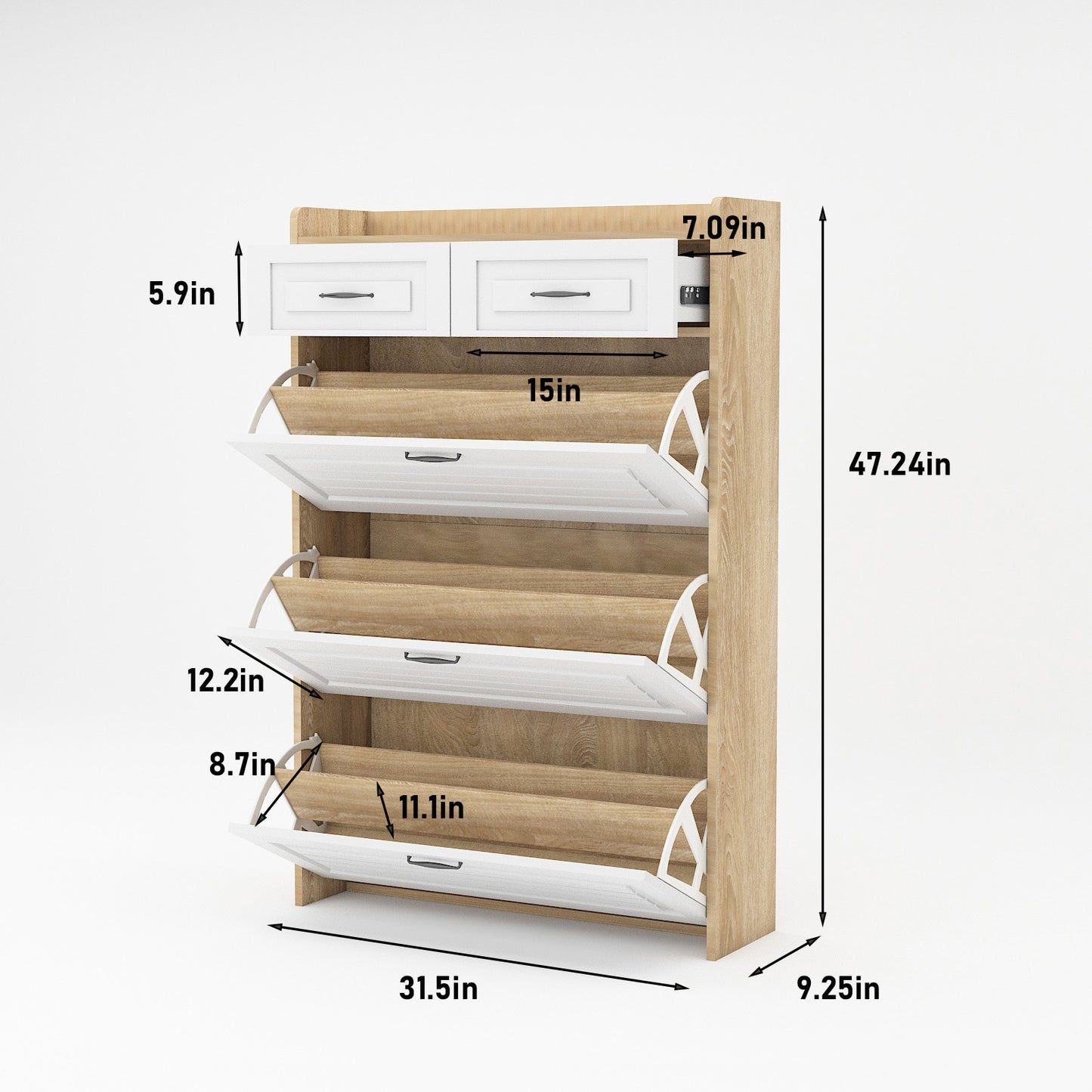 White +Oak Color shoe cabinet  with 3 doors 2 drawers,PVC door with shape ,large space for storage