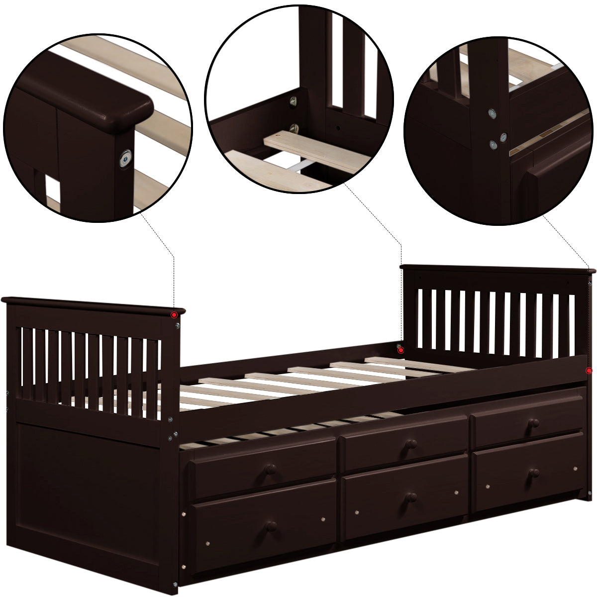 Captain's Bed Twin Daybed with Trundle Bed and Storage Drawers, Espresso