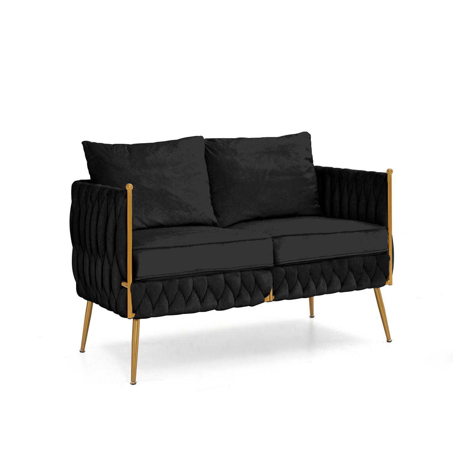 Mid Century Modern Velvet Loveseat Sofa Small Love Seats Handmade Woven & Golden Legs Comfy Couch for Living Room, Upholstered 2 Seater Sofa for Small Apartment , Black Velvet