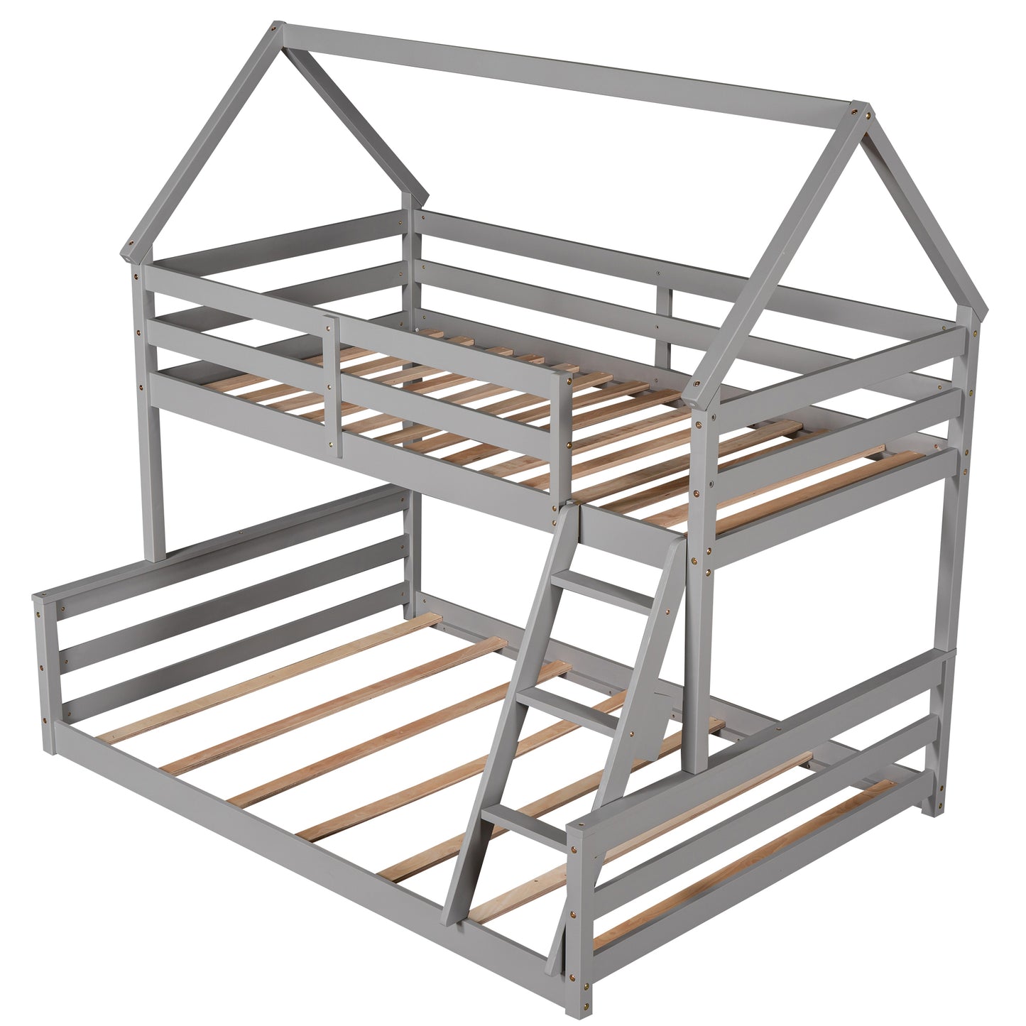 Gray Twin over Full House Bunk Bed with Loft Ladder