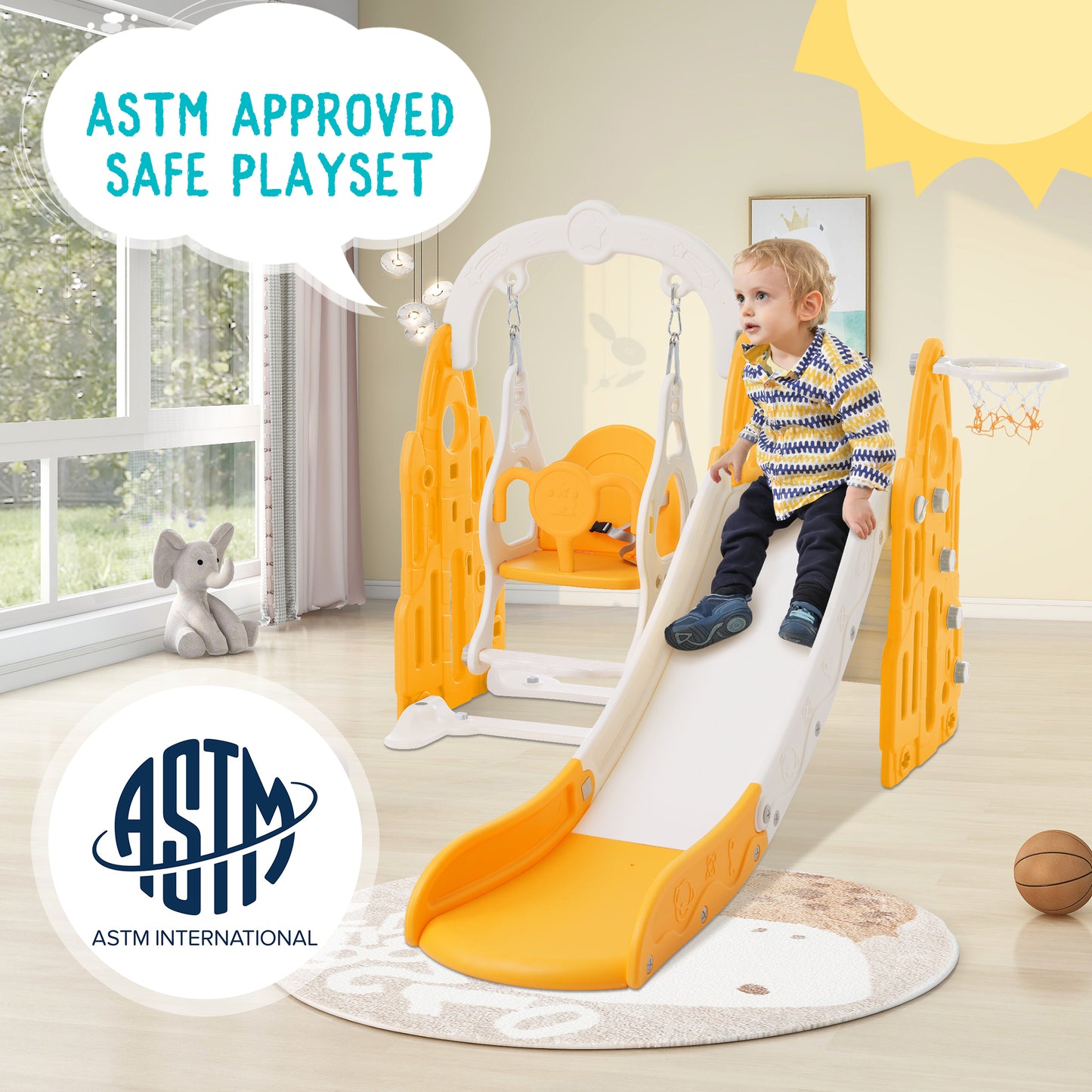 4 in 1 Toddler Playground Climber Slide and Swing Set with Basketball Hoop