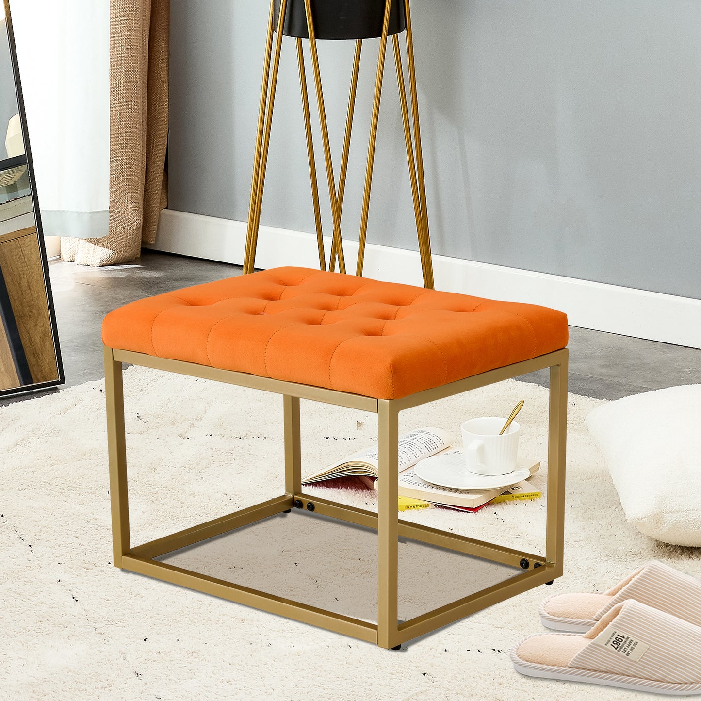 Chair Velvet Shoe Changing Stool, Orange Footstool, Square Vanity Chair, Sofa stool,Makup Stool .Vanity Seat ,Rest stool. Piano Bench .Suitable for Clothes Shop,Living RoomST-001-OR