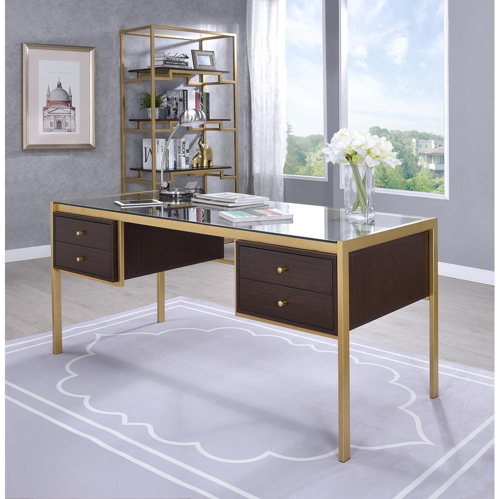 Sophisticated Gold and Clear Glass Writing Desk with Wooden Drawers and Industrial Touch