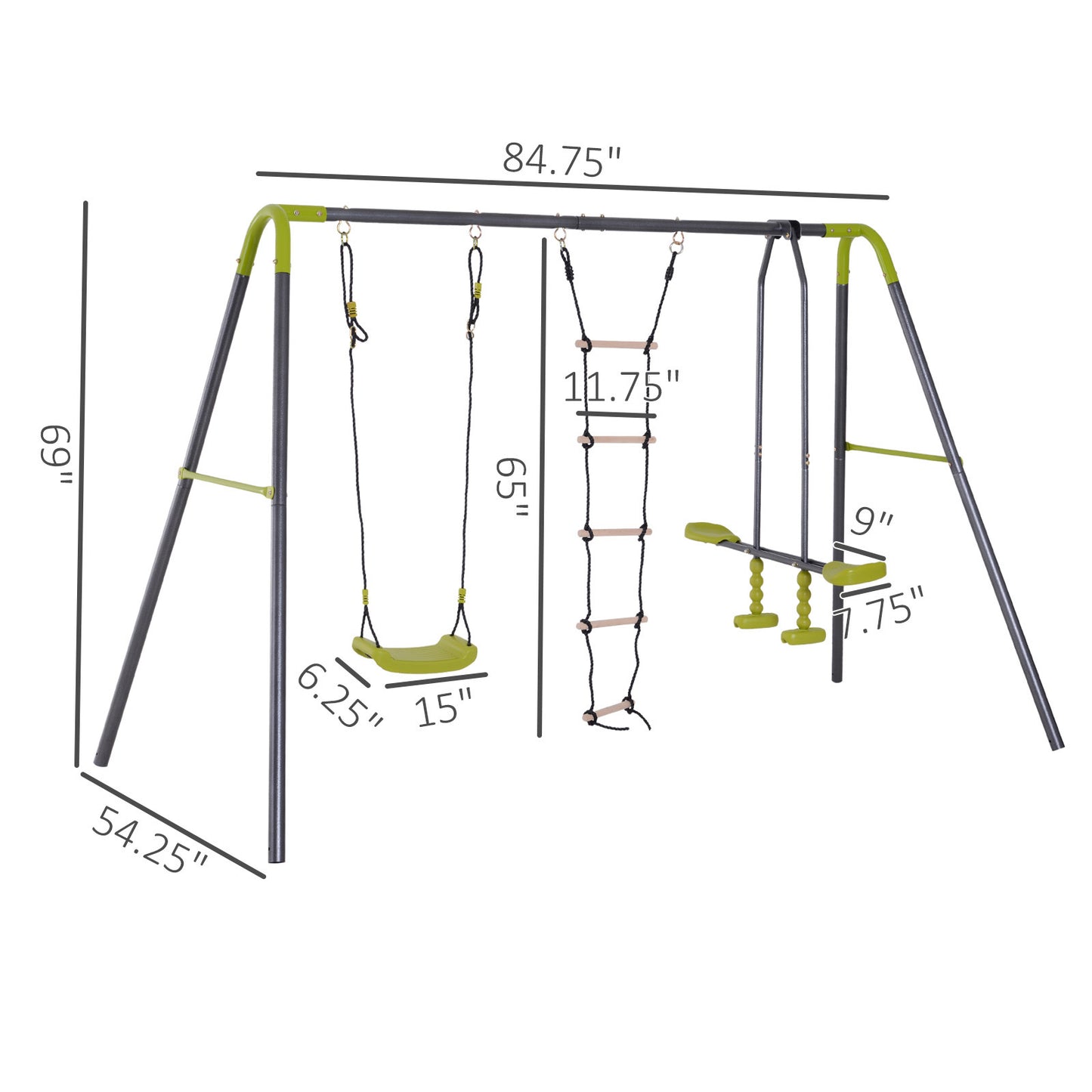 3-in-1 Kids Metal Swing Set for Backyard with Swing, Glider, and Climbing Ladder